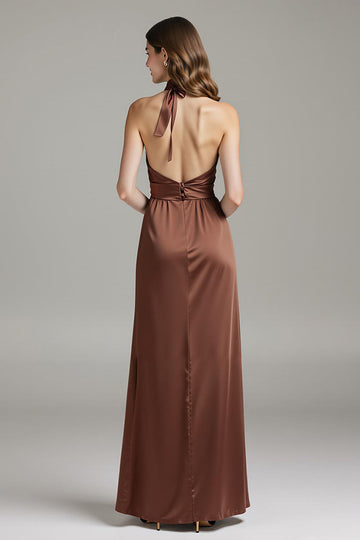 Fourreau café satin dos nu robe longue formelle